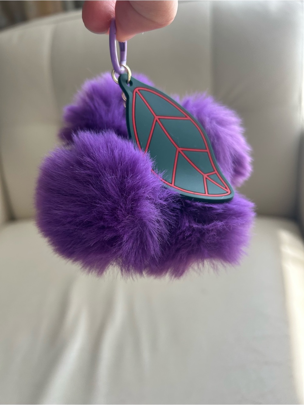 Purple Faux Fur Pom Pom Keychain with Leaf Charm